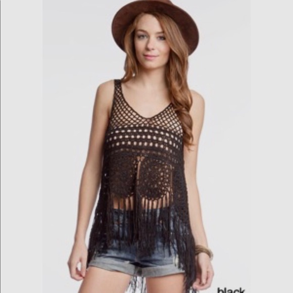 Tops - NWT Black Crochet Fringe Boho Festival Top
